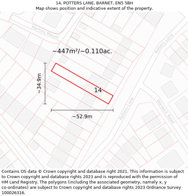 14, POTTERS LANE, BARNET, EN5 5BH: Plot and title map