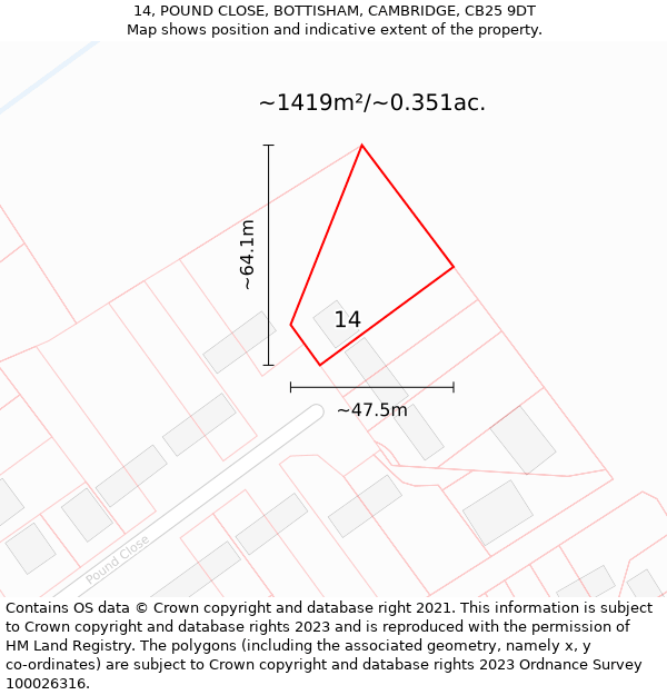 14, POUND CLOSE, BOTTISHAM, CAMBRIDGE, CB25 9DT: Plot and title map