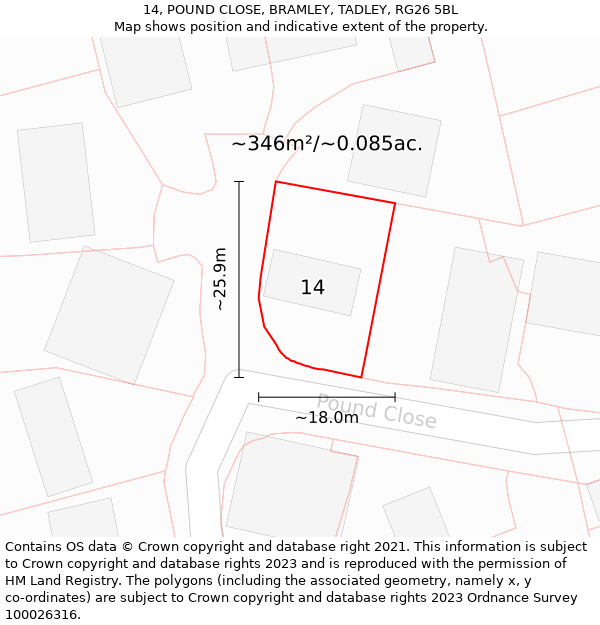 14, POUND CLOSE, BRAMLEY, TADLEY, RG26 5BL: Plot and title map