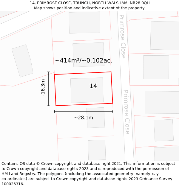 14, PRIMROSE CLOSE, TRUNCH, NORTH WALSHAM, NR28 0QH: Plot and title map