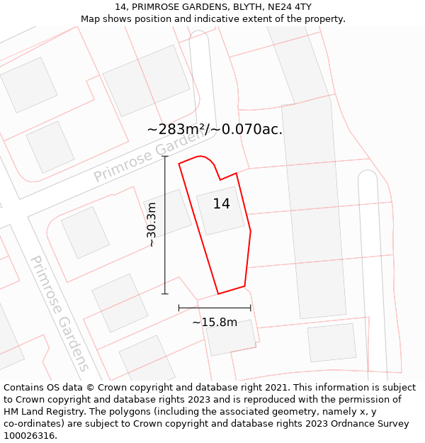 14, PRIMROSE GARDENS, BLYTH, NE24 4TY: Plot and title map