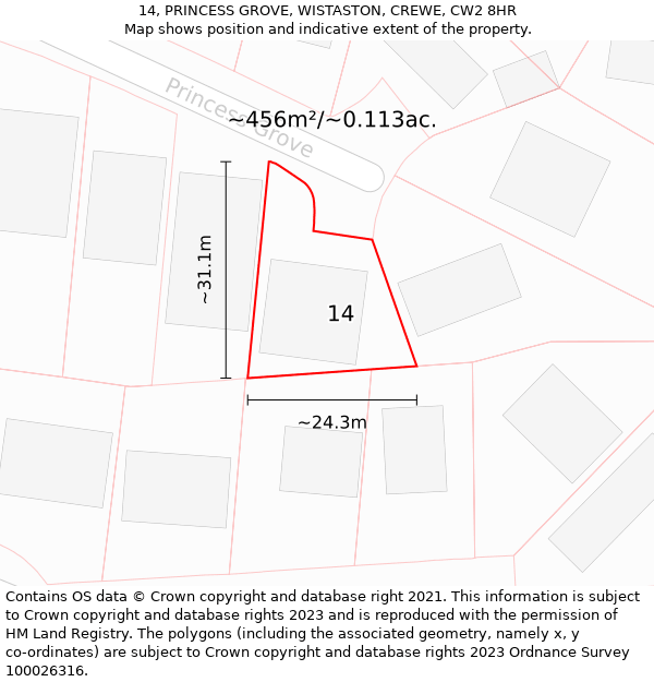 14, PRINCESS GROVE, WISTASTON, CREWE, CW2 8HR: Plot and title map