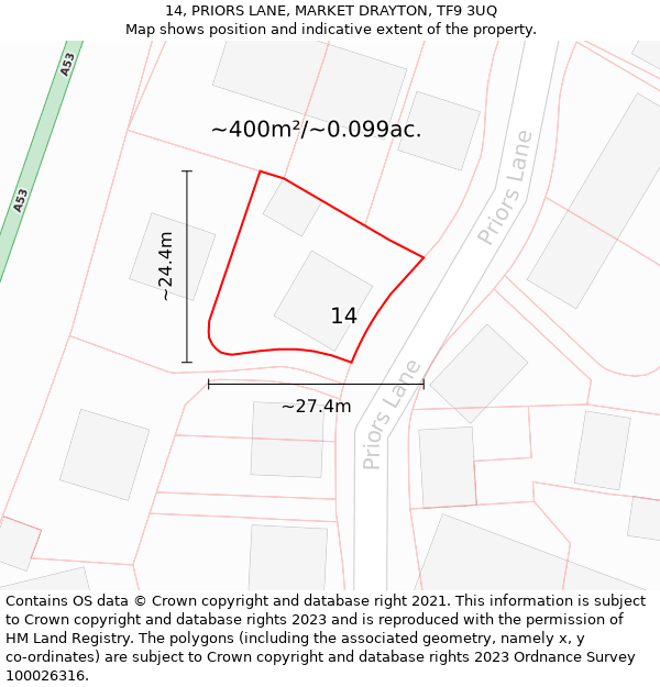 14, PRIORS LANE, MARKET DRAYTON, TF9 3UQ: Plot and title map