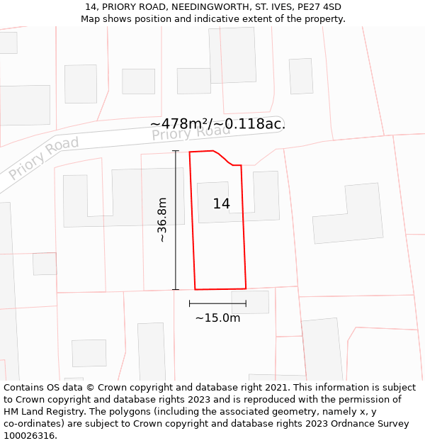 14, PRIORY ROAD, NEEDINGWORTH, ST. IVES, PE27 4SD: Plot and title map