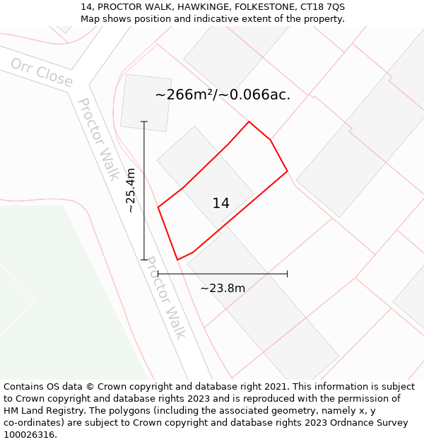 14, PROCTOR WALK, HAWKINGE, FOLKESTONE, CT18 7QS: Plot and title map