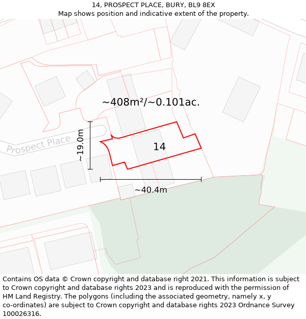 14, PROSPECT PLACE, BURY, BL9 8EX: Plot and title map