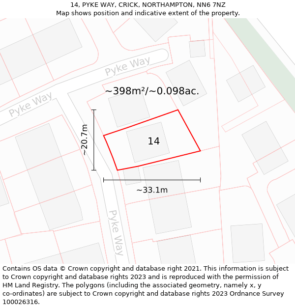 14, PYKE WAY, CRICK, NORTHAMPTON, NN6 7NZ: Plot and title map