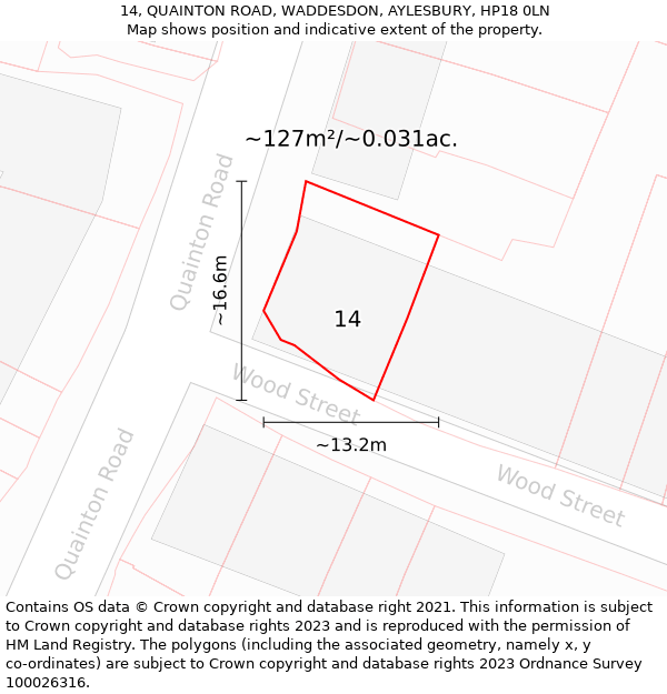 14, QUAINTON ROAD, WADDESDON, AYLESBURY, HP18 0LN: Plot and title map