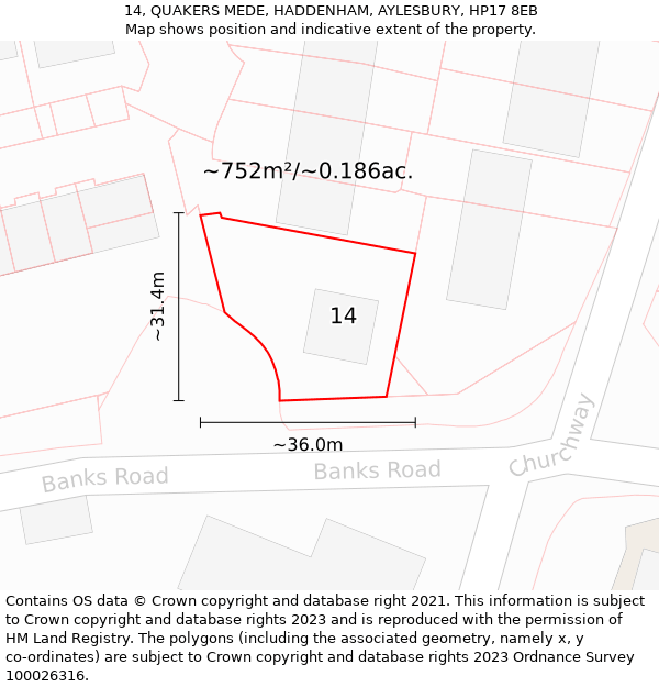 14, QUAKERS MEDE, HADDENHAM, AYLESBURY, HP17 8EB: Plot and title map