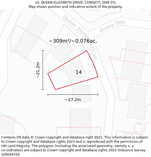 14, QUEEN ELIZABETH DRIVE, CONSETT, DH8 5YL: Plot and title map