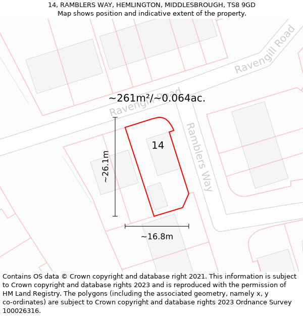 14, RAMBLERS WAY, HEMLINGTON, MIDDLESBROUGH, TS8 9GD: Plot and title map