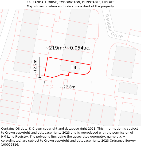 14, RANDALL DRIVE, TODDINGTON, DUNSTABLE, LU5 6FE: Plot and title map