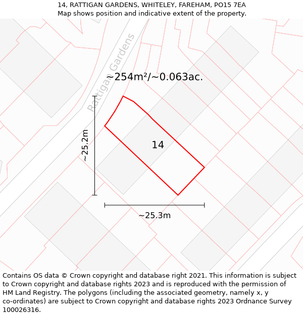 14, RATTIGAN GARDENS, WHITELEY, FAREHAM, PO15 7EA: Plot and title map