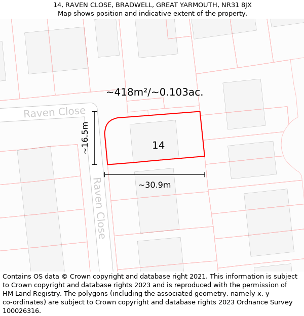 14, RAVEN CLOSE, BRADWELL, GREAT YARMOUTH, NR31 8JX: Plot and title map