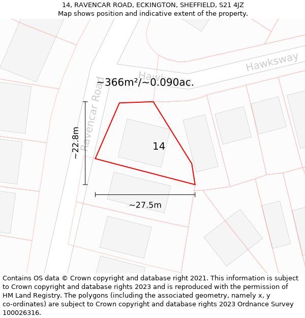 14, RAVENCAR ROAD, ECKINGTON, SHEFFIELD, S21 4JZ: Plot and title map