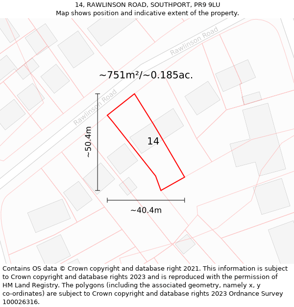 14, RAWLINSON ROAD, SOUTHPORT, PR9 9LU: Plot and title map