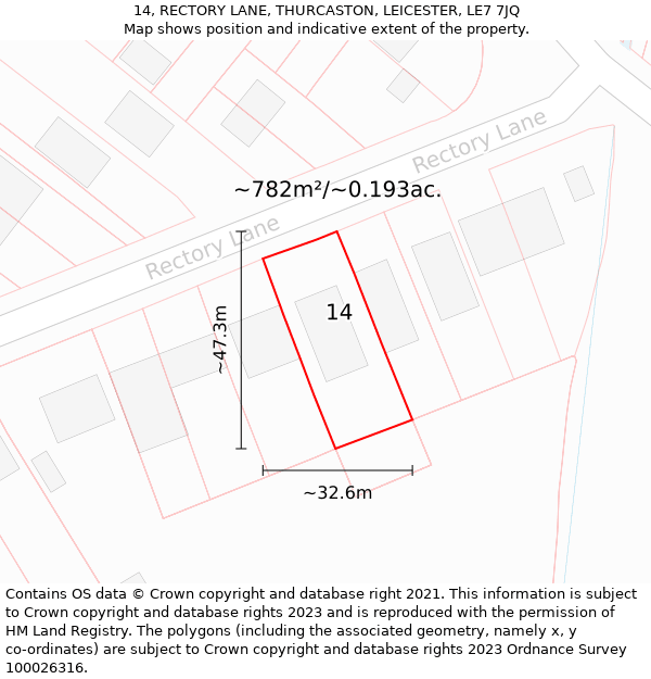 14, RECTORY LANE, THURCASTON, LEICESTER, LE7 7JQ: Plot and title map