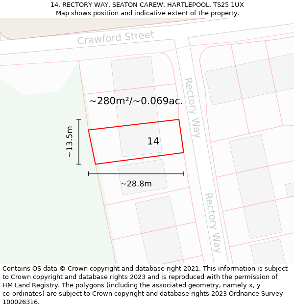 14, RECTORY WAY, SEATON CAREW, HARTLEPOOL, TS25 1UX: Plot and title map