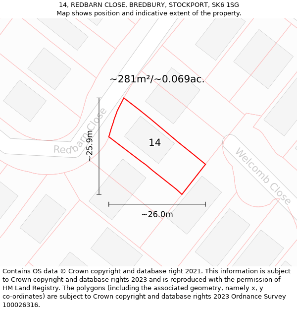 14, REDBARN CLOSE, BREDBURY, STOCKPORT, SK6 1SG: Plot and title map