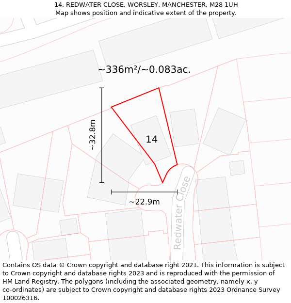 14, REDWATER CLOSE, WORSLEY, MANCHESTER, M28 1UH: Plot and title map