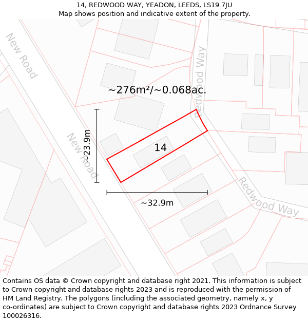 14, REDWOOD WAY, YEADON, LEEDS, LS19 7JU: Plot and title map