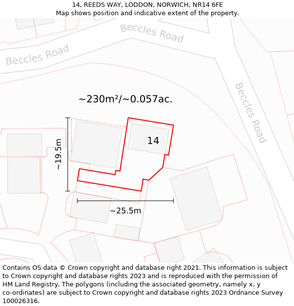 14, REEDS WAY, LODDON, NORWICH, NR14 6FE: Plot and title map