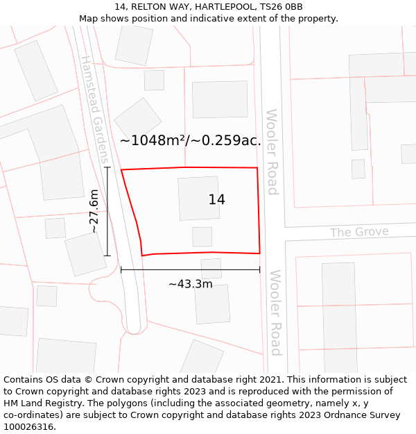 14, RELTON WAY, HARTLEPOOL, TS26 0BB: Plot and title map