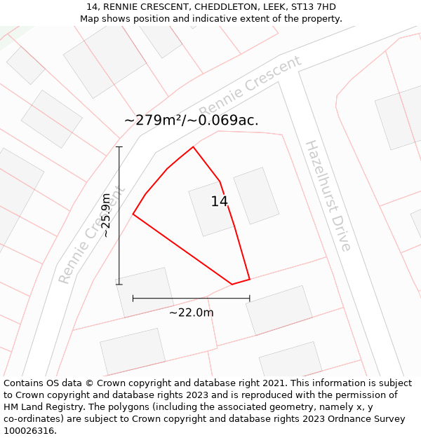 14, RENNIE CRESCENT, CHEDDLETON, LEEK, ST13 7HD: Plot and title map