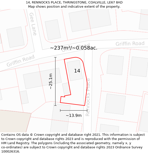 14, RENNOCKS PLACE, THRINGSTONE, COALVILLE, LE67 8AD: Plot and title map