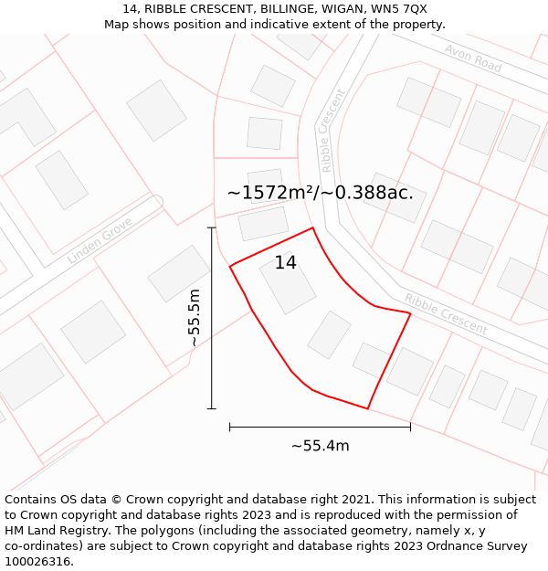 14, RIBBLE CRESCENT, BILLINGE, WIGAN, WN5 7QX: Plot and title map