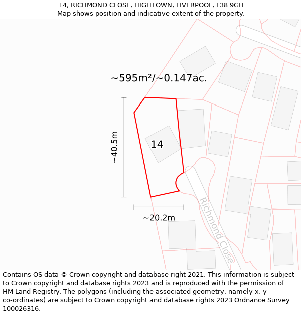 14, RICHMOND CLOSE, HIGHTOWN, LIVERPOOL, L38 9GH: Plot and title map