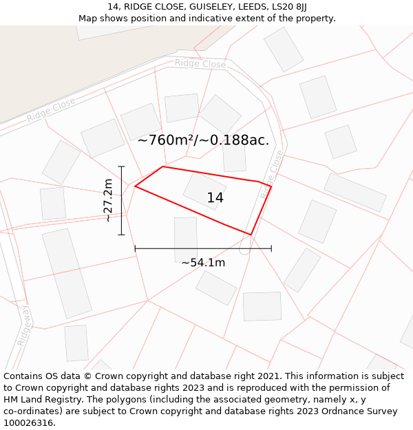 14, RIDGE CLOSE, GUISELEY, LEEDS, LS20 8JJ: Plot and title map