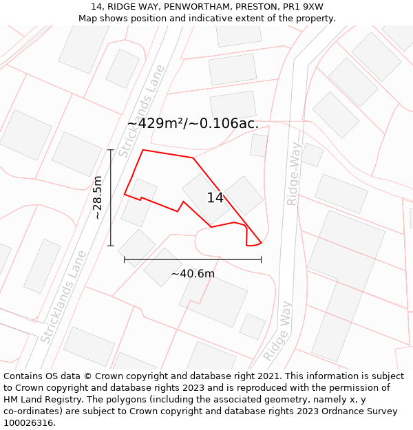 14, RIDGE WAY, PENWORTHAM, PRESTON, PR1 9XW: Plot and title map