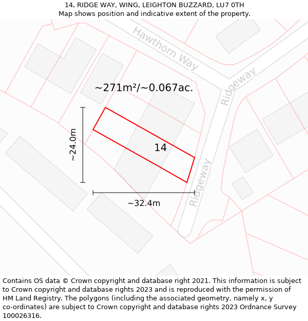 14, RIDGE WAY, WING, LEIGHTON BUZZARD, LU7 0TH: Plot and title map