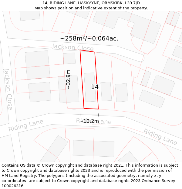 14, RIDING LANE, HASKAYNE, ORMSKIRK, L39 7JD: Plot and title map