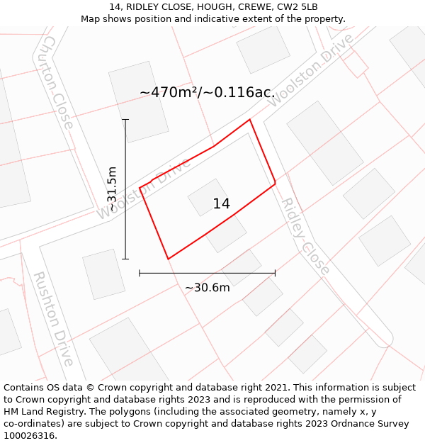 14, RIDLEY CLOSE, HOUGH, CREWE, CW2 5LB: Plot and title map