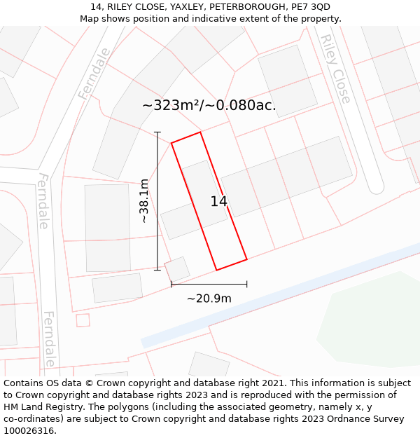 14, RILEY CLOSE, YAXLEY, PETERBOROUGH, PE7 3QD: Plot and title map