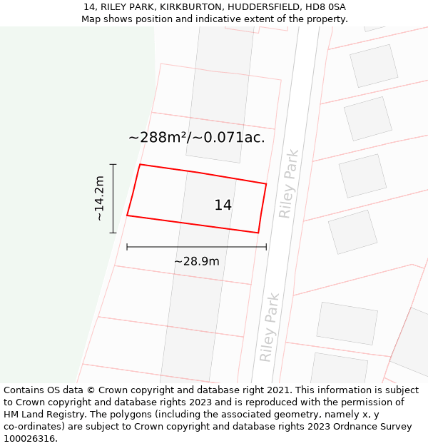 14, RILEY PARK, KIRKBURTON, HUDDERSFIELD, HD8 0SA: Plot and title map