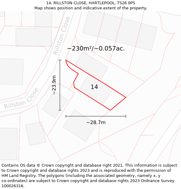 14, RILLSTON CLOSE, HARTLEPOOL, TS26 0PS: Plot and title map