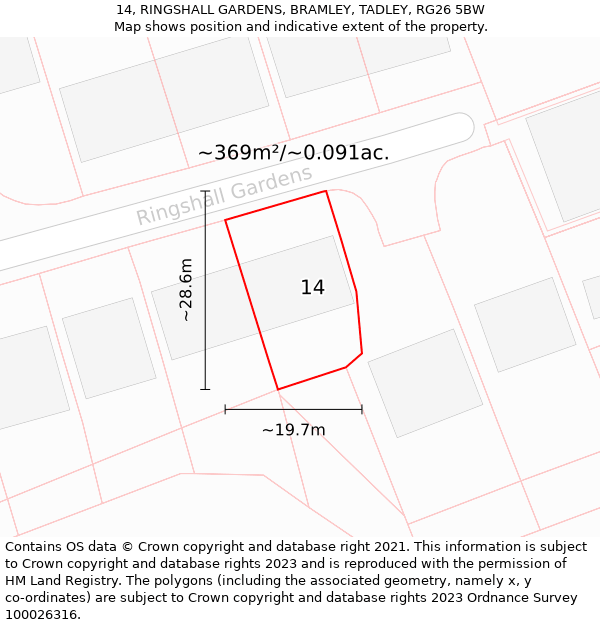 14, RINGSHALL GARDENS, BRAMLEY, TADLEY, RG26 5BW: Plot and title map