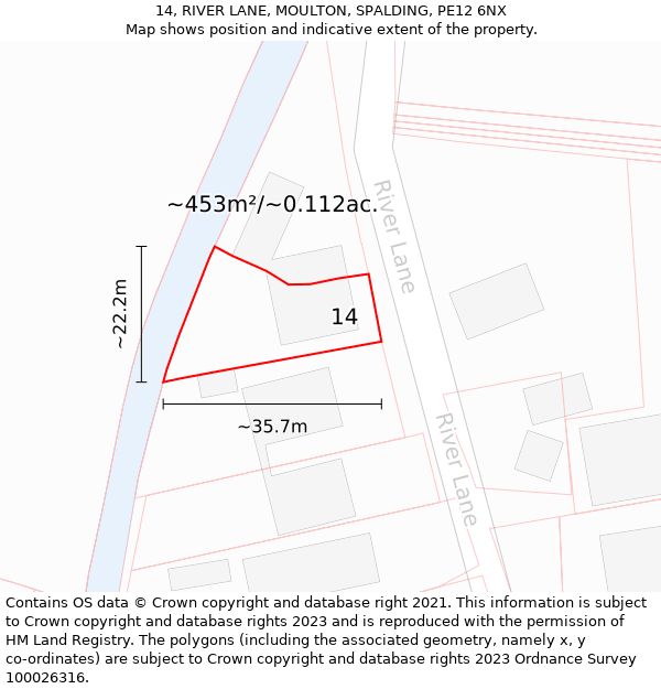 14, RIVER LANE, MOULTON, SPALDING, PE12 6NX: Plot and title map