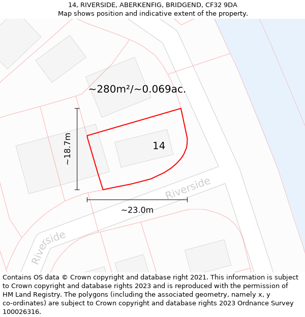 14, RIVERSIDE, ABERKENFIG, BRIDGEND, CF32 9DA: Plot and title map