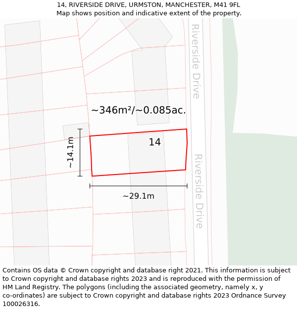 14, RIVERSIDE DRIVE, URMSTON, MANCHESTER, M41 9FL: Plot and title map