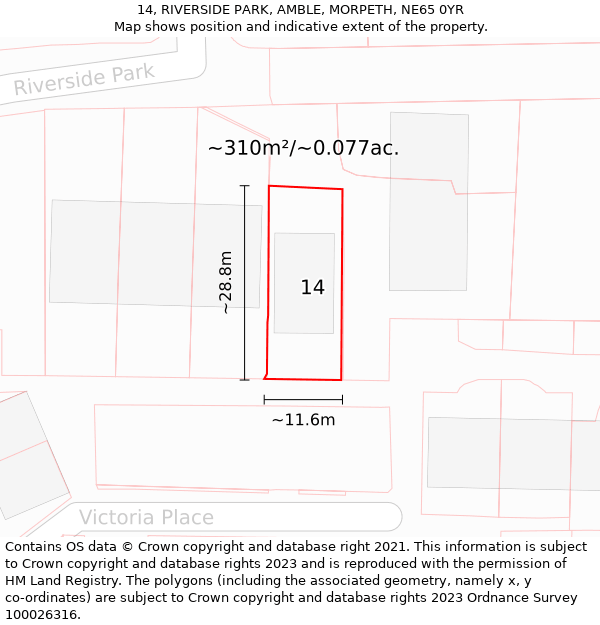 14, RIVERSIDE PARK, AMBLE, MORPETH, NE65 0YR: Plot and title map