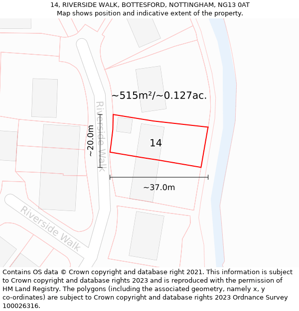 14, RIVERSIDE WALK, BOTTESFORD, NOTTINGHAM, NG13 0AT: Plot and title map