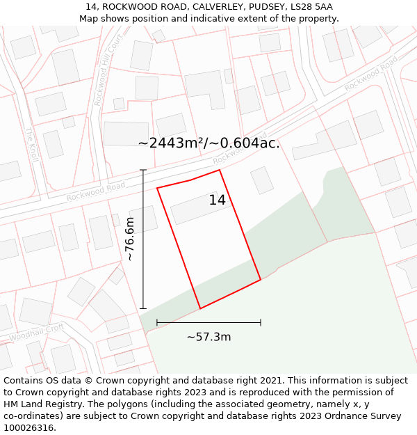 14, ROCKWOOD ROAD, CALVERLEY, PUDSEY, LS28 5AA: Plot and title map