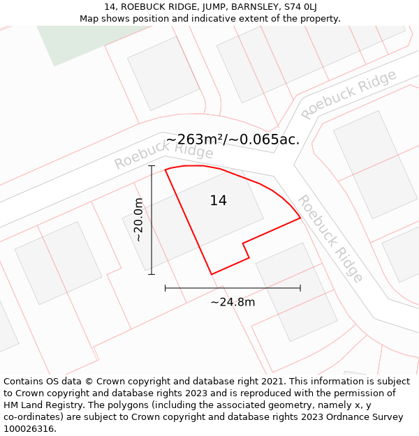 14, ROEBUCK RIDGE, JUMP, BARNSLEY, S74 0LJ: Plot and title map