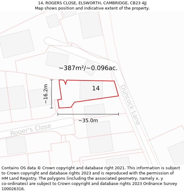 14, ROGERS CLOSE, ELSWORTH, CAMBRIDGE, CB23 4JJ: Plot and title map