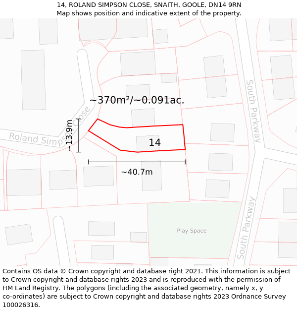 14, ROLAND SIMPSON CLOSE, SNAITH, GOOLE, DN14 9RN: Plot and title map