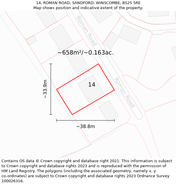 14, ROMAN ROAD, SANDFORD, WINSCOMBE, BS25 5RE: Plot and title map